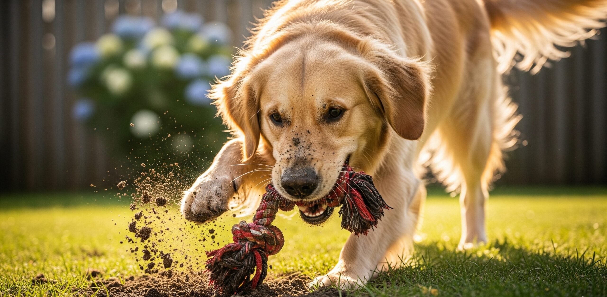 A dog is chewing and digging