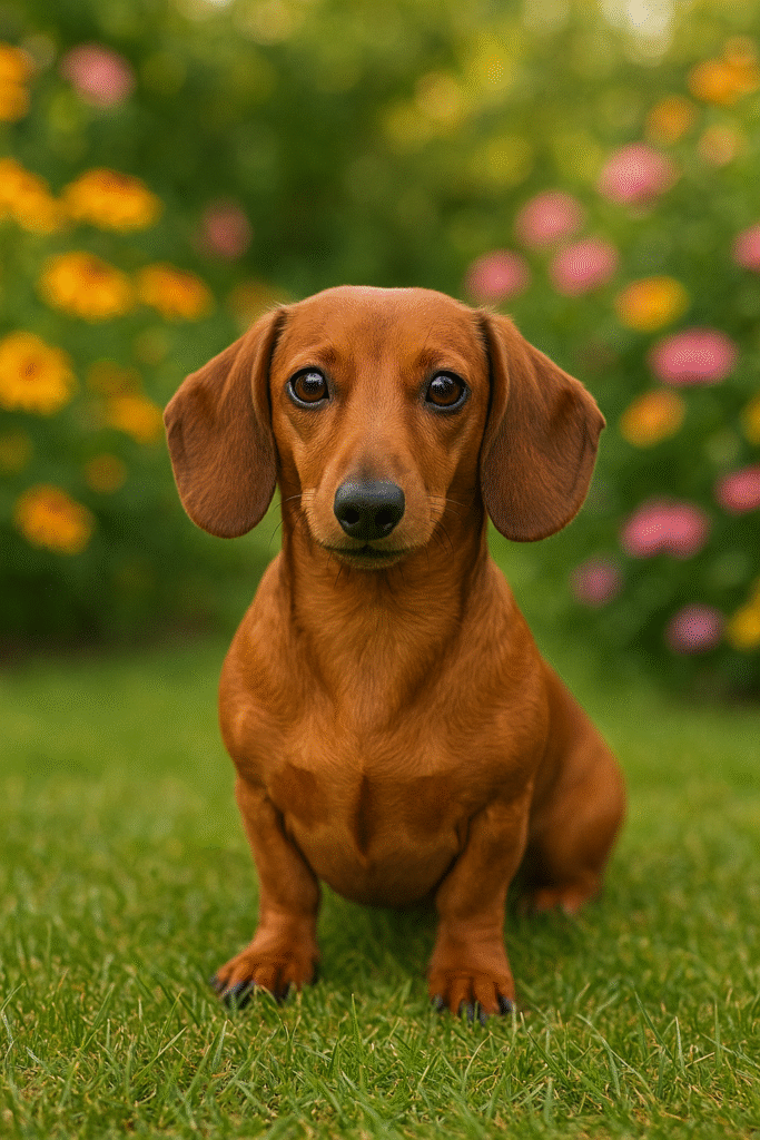 Dachshund standing in garden- learn dog health care tips