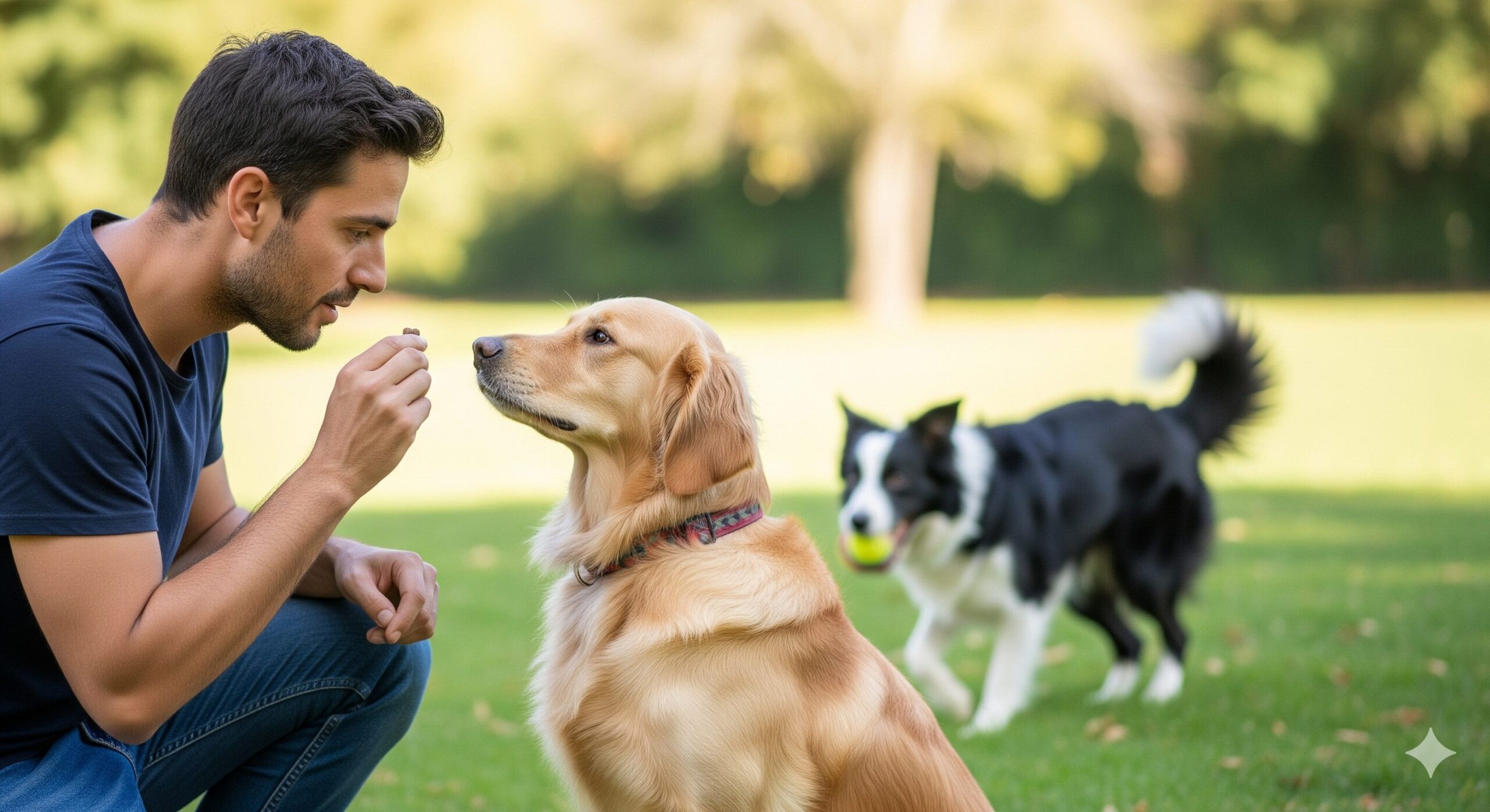 A dog owner is giving look at me command to his dog to stop his dog aggressive behavior toward other dogs