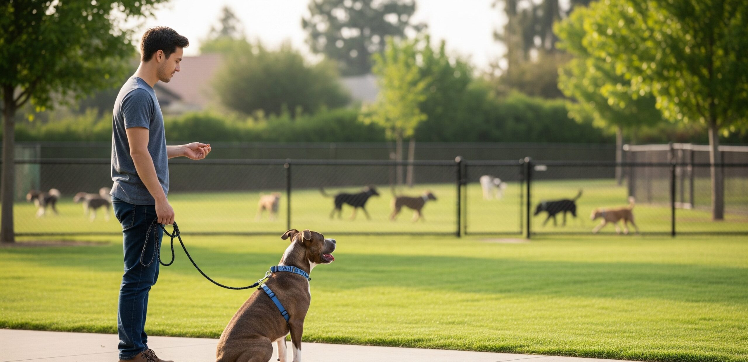 A dog owner is practicing systematic destination to reduce his dog aggressive behavior toward other dogs