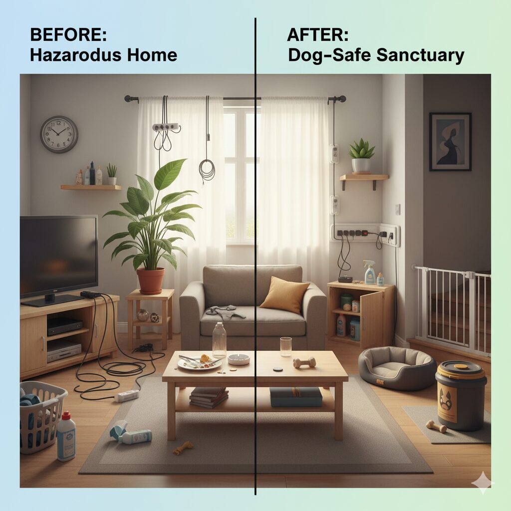 A comparative image showing how a home with and without dog looks like-Describing how to take care of a dog