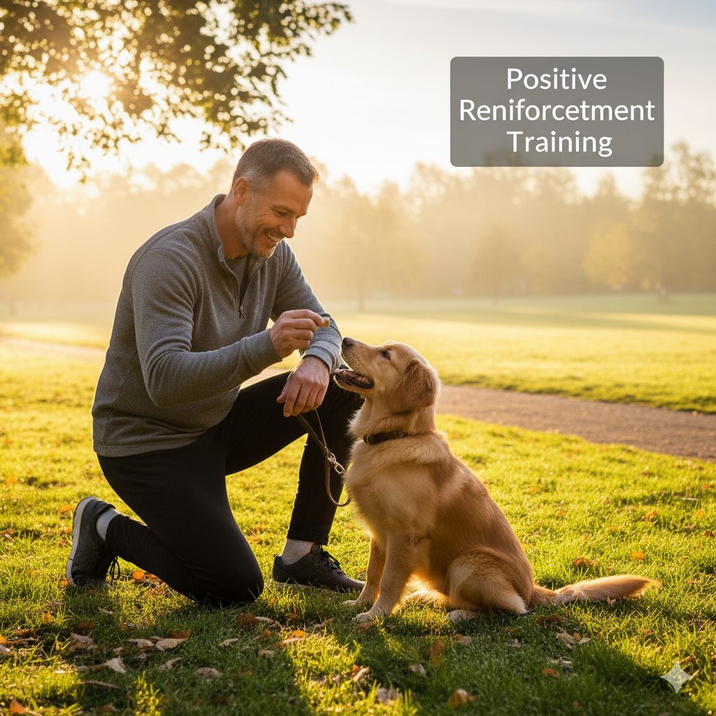 A dog owner is training his dog social behaviors