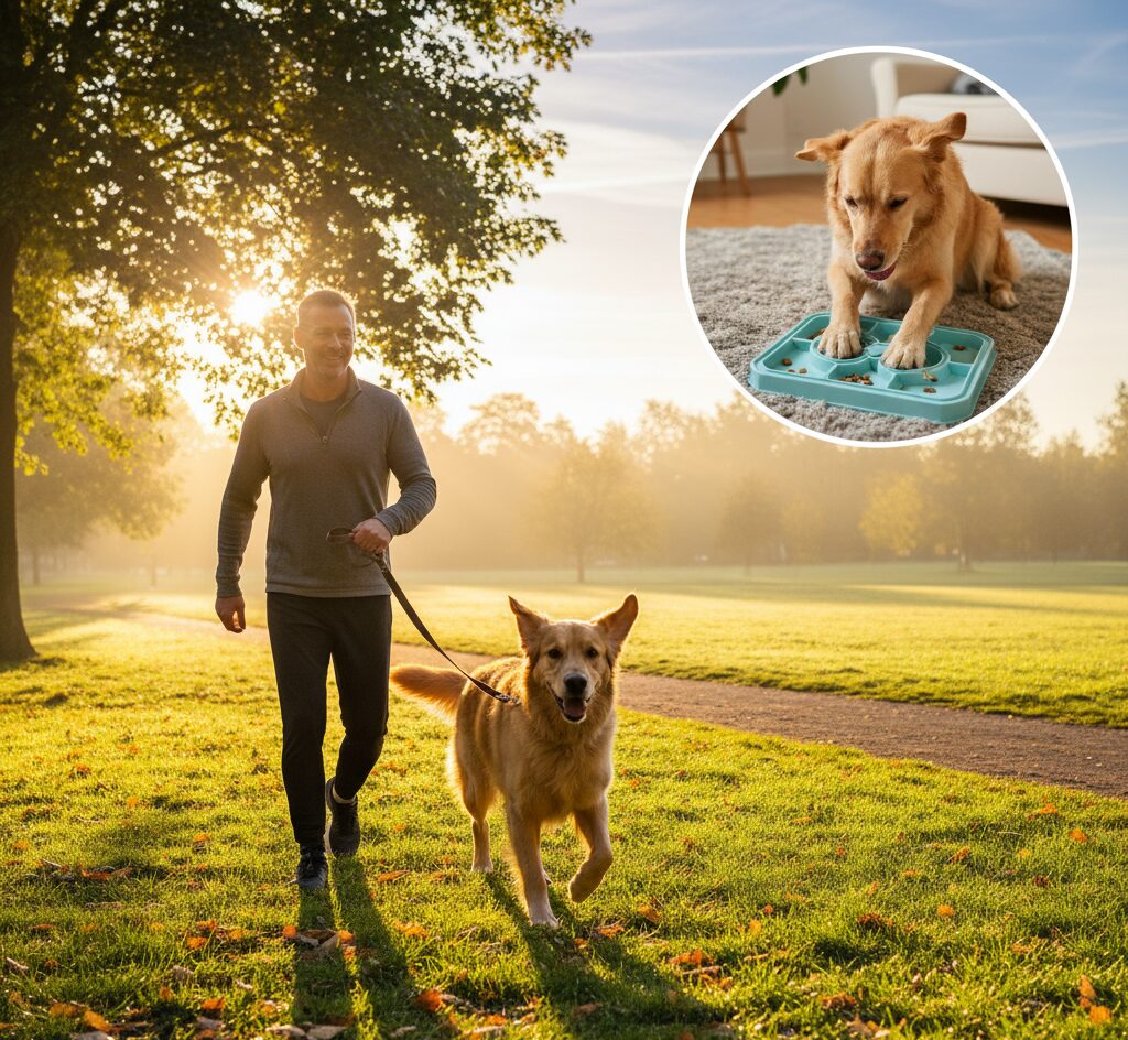 A dog owner is exercising his dog- A dog is playing with puzzle in circle