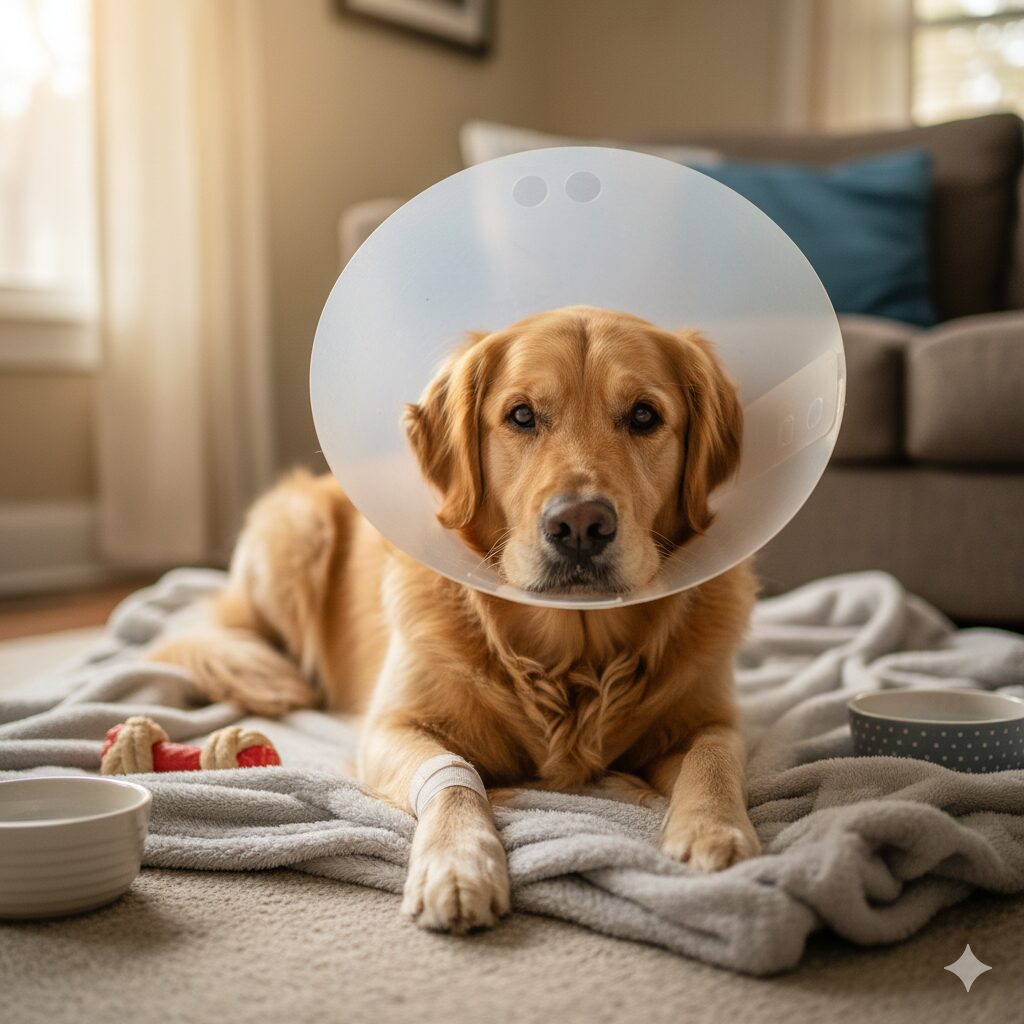 Dog wearing a cone collar 