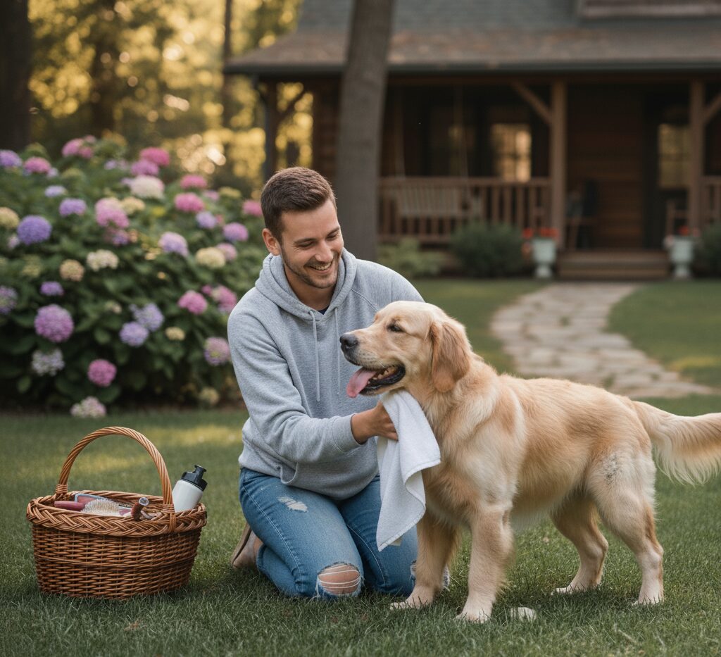 A dog owner is taking care of his dog