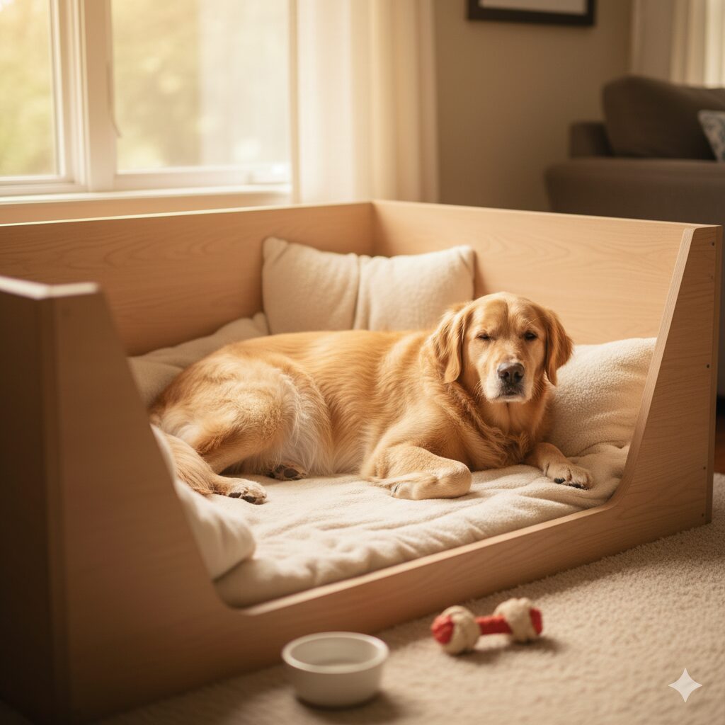 Pregnant dog in a whelping box 