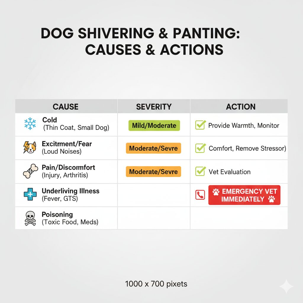 Common causes of dog shivering and panting with severity-levels and recommended actions