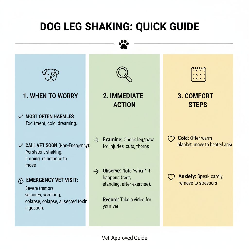 Dog leg shaking quick action checklist — when to call a vet.
