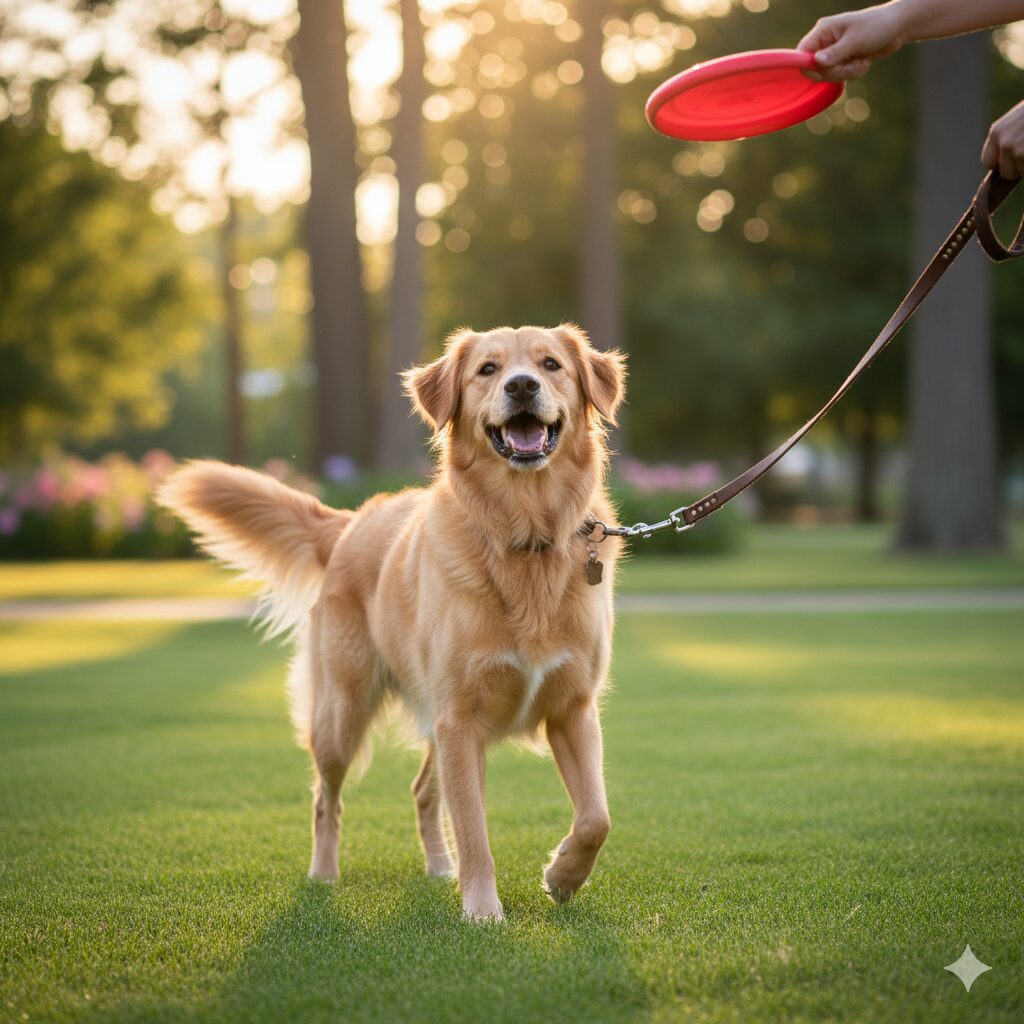 Excited dog showing mild leg shaking due to excitement

