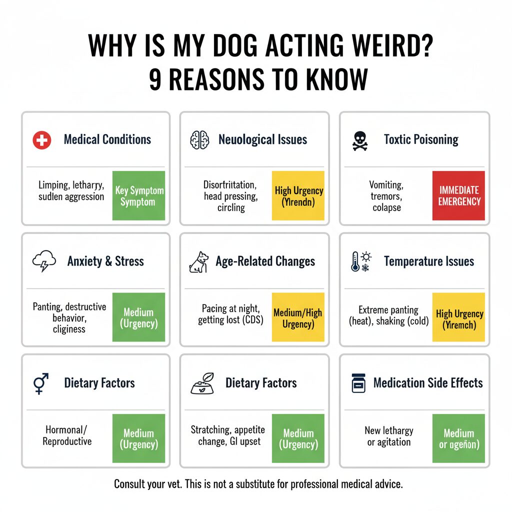 Infographic of 9 reasons why dogs act weird with symptoms and urgency levels 