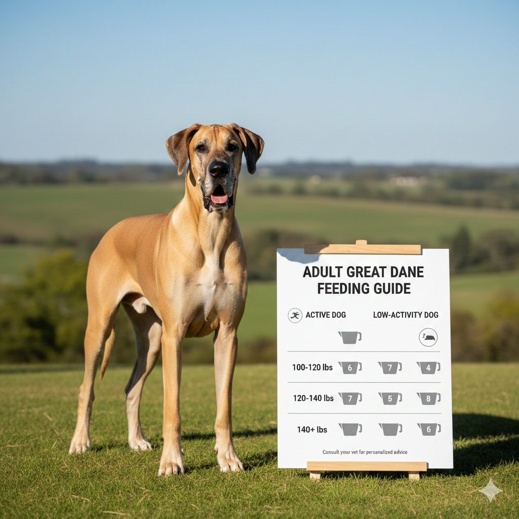 Great Dane puppy feeding chart by weight with age stages and recommended daily food portions.