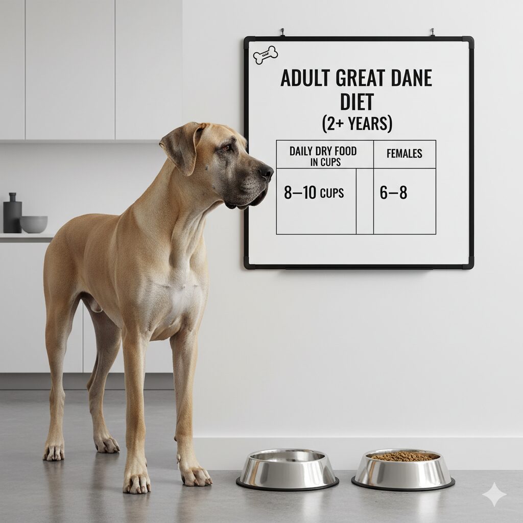 Great Dane feeding chart by age showing puppy and adult food portions.