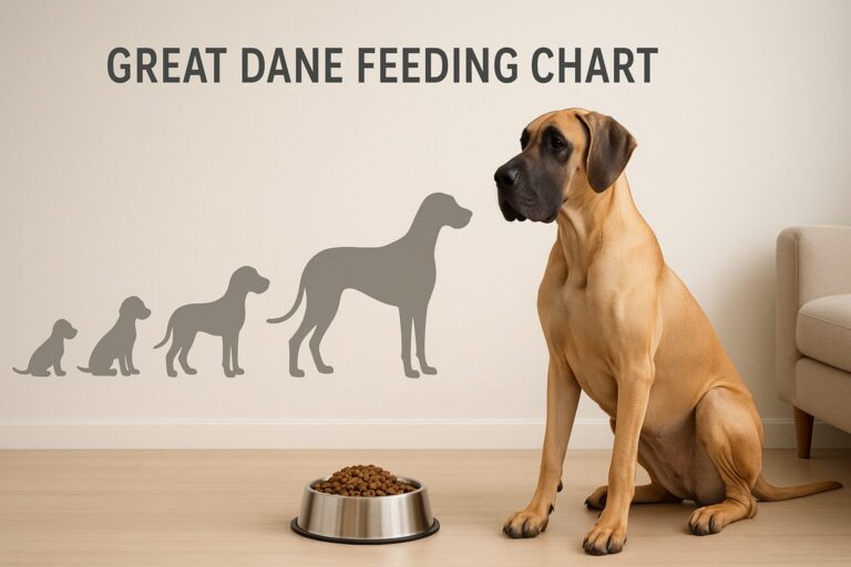 Great Dane feeding chart by weight with growth stages from puppy to adult and food bowl illustration.
