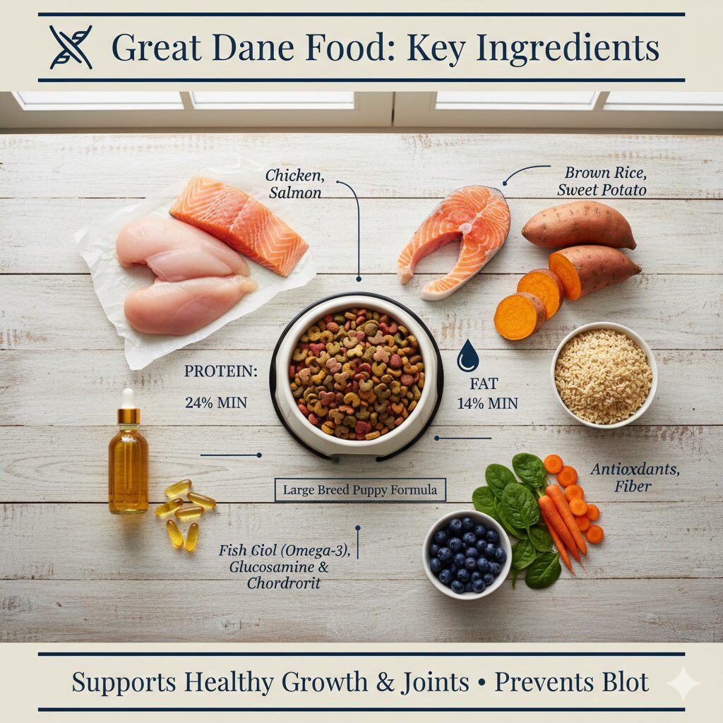 High-quality Great Dane food ingredients showing protein, fat, and calcium balance.