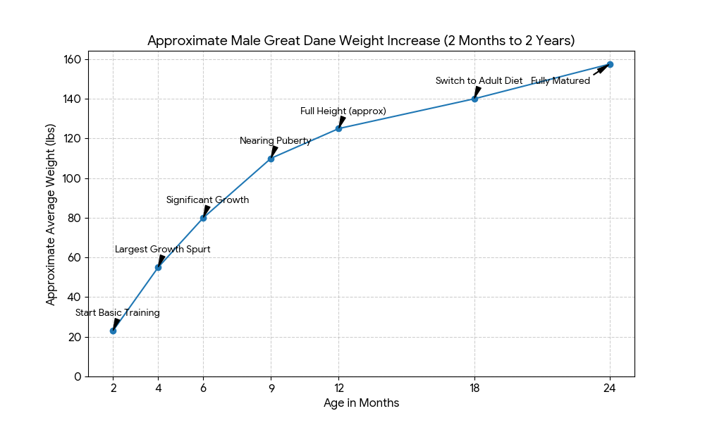 Great Dane growth rate chart showing weight gain by age. Great dane feeding chart by age