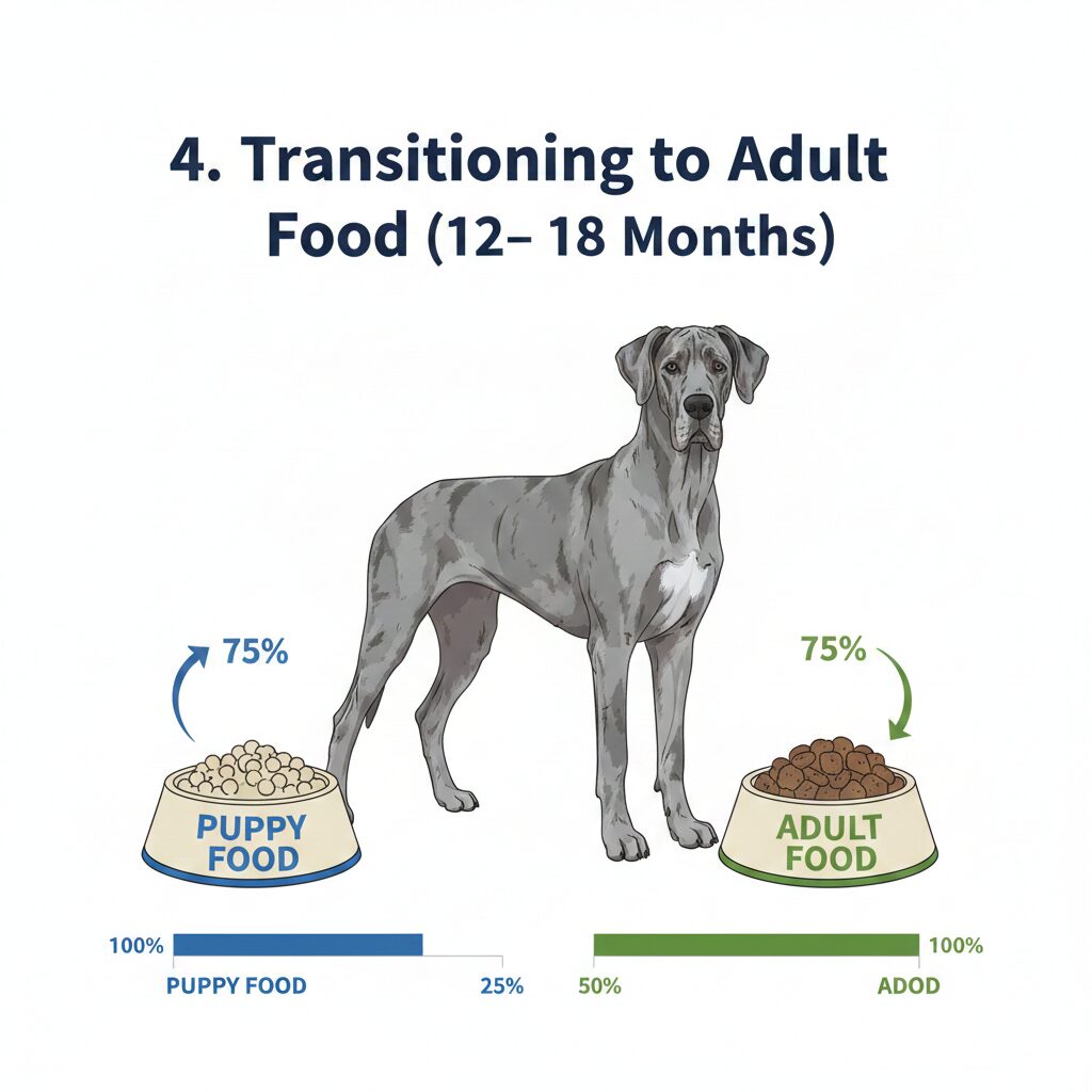 Transitioning Great Dane from puppy food to adult food chart with percentage breakdown.