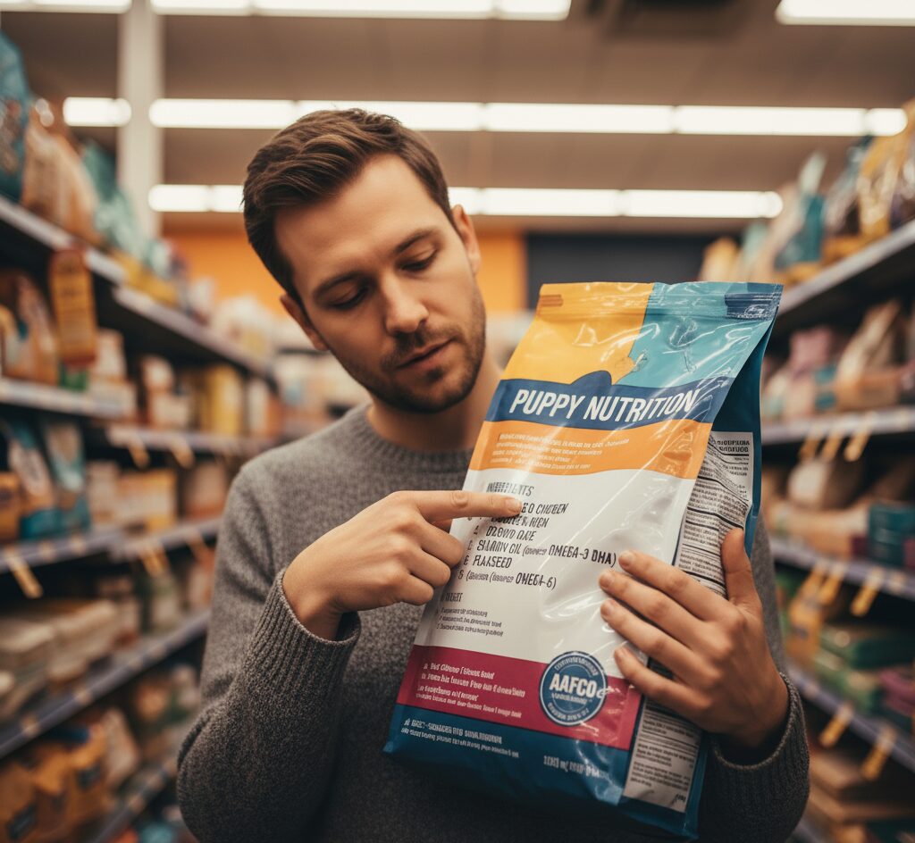 Owner checking high-quality puppy food ingredients