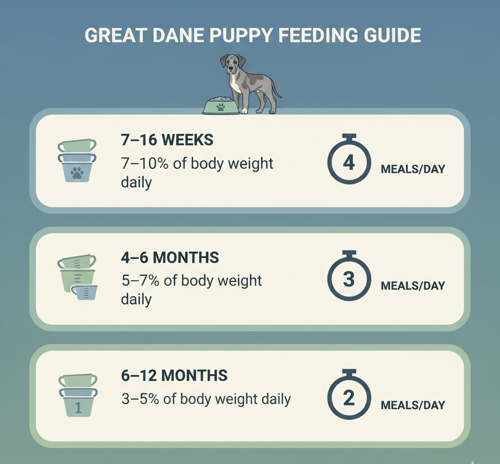 How much to feed Great Dane puppy chart with age and weight percentages. great dane feeding chart by age