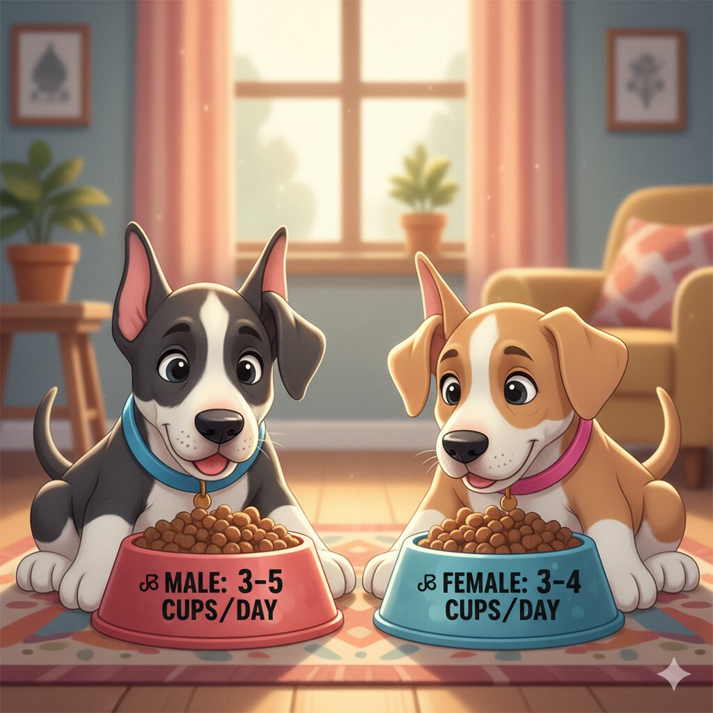 Male and female Great Dane feeding chart showing daily food portions.