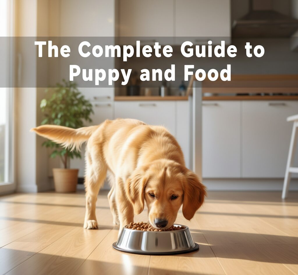 Golden retriever puppy eating healthy food from bowl-puppy and food guide