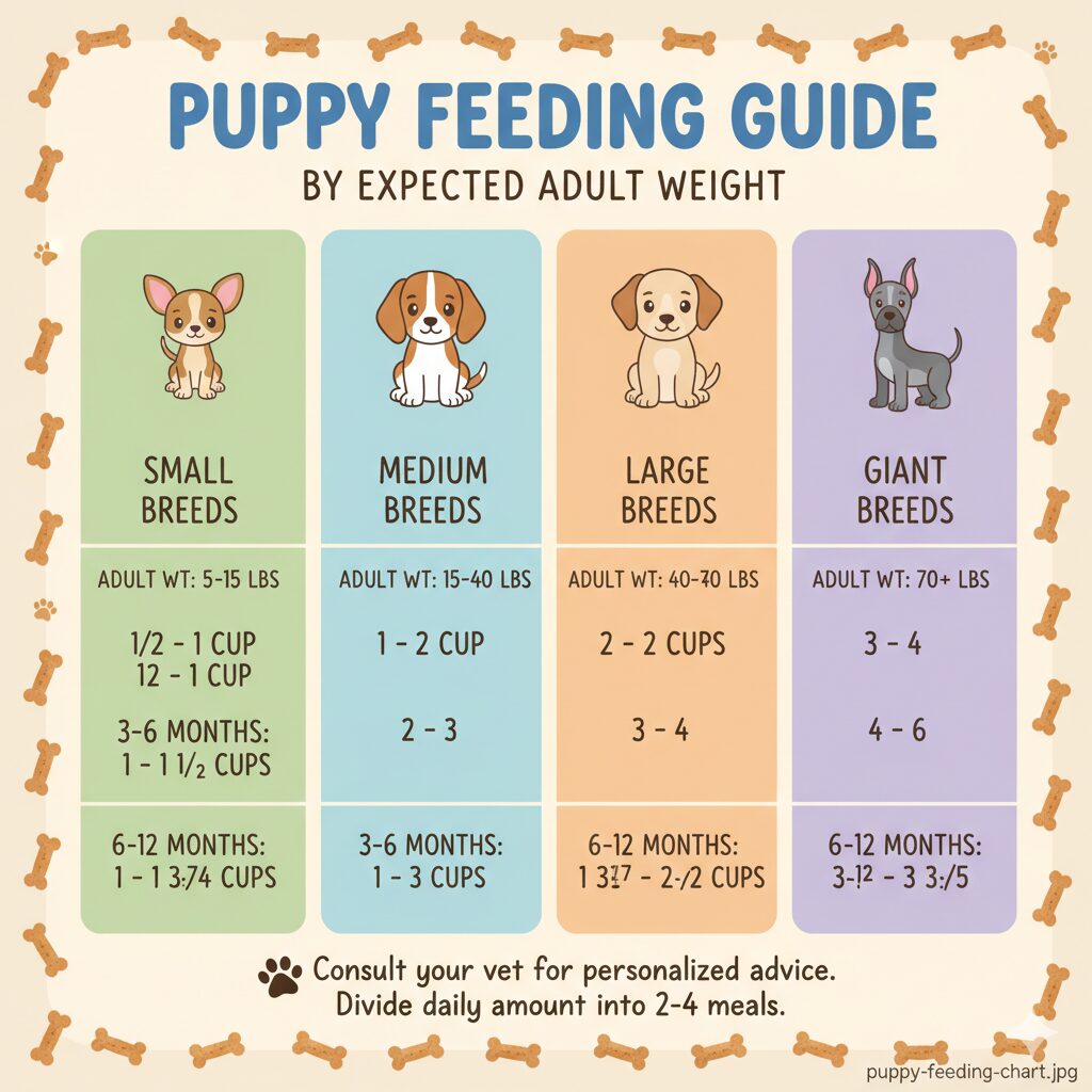 Puppy feeding chart by breed size and daily food amount”