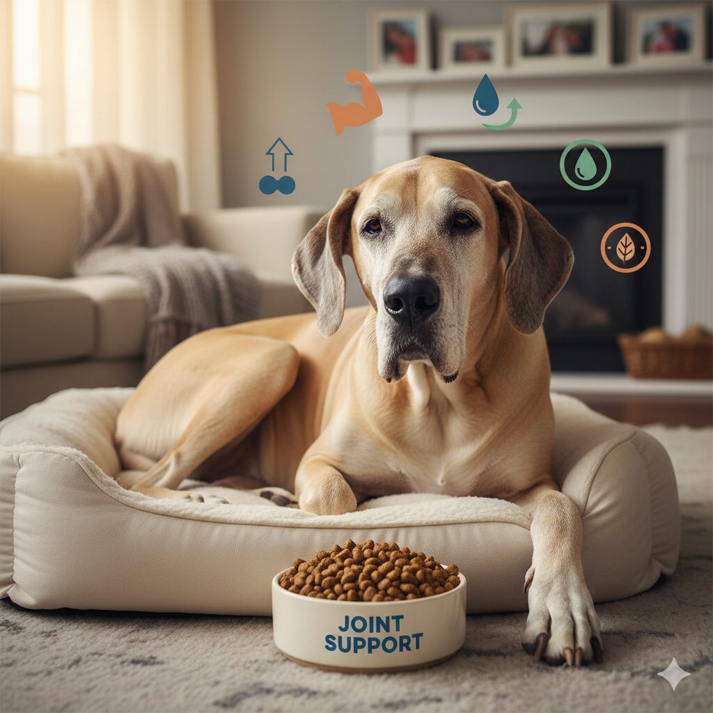 Senior Great Dane feeding chart by weight with joint support and reduced calorie needs.