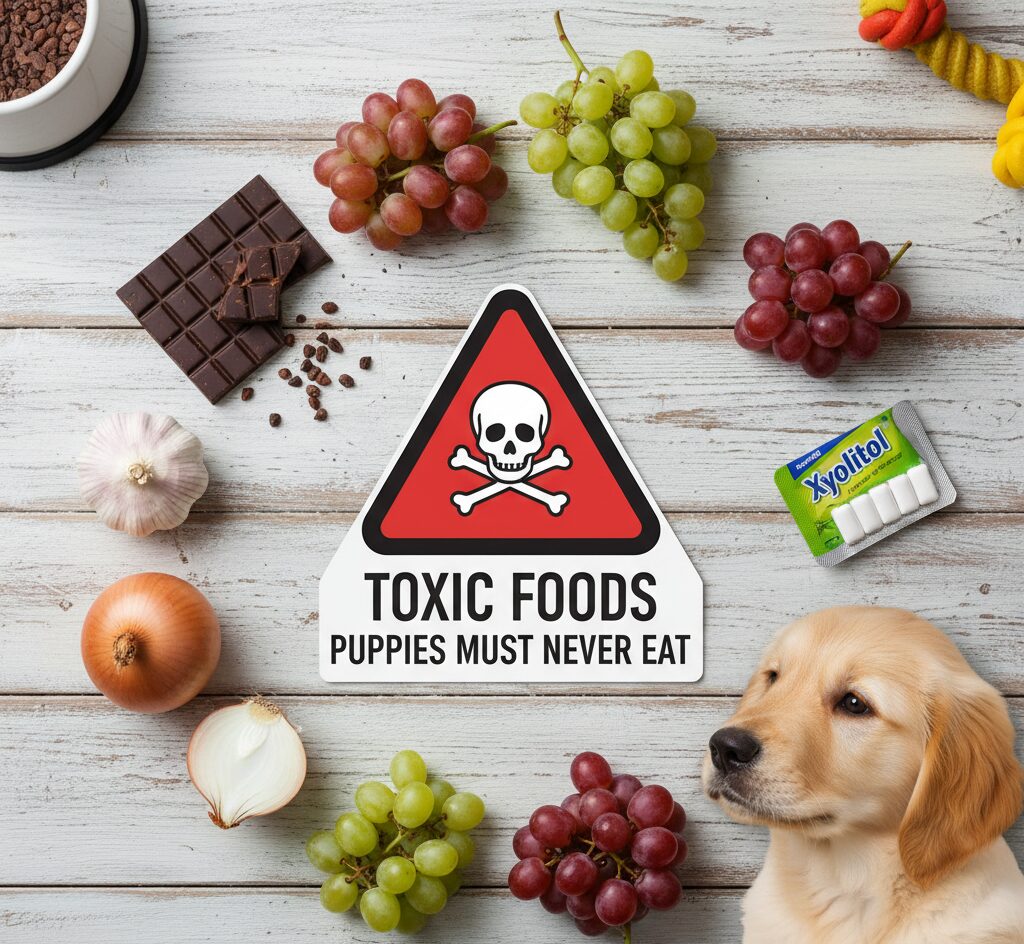 Human foods toxic to puppies including chocolate and grapes”