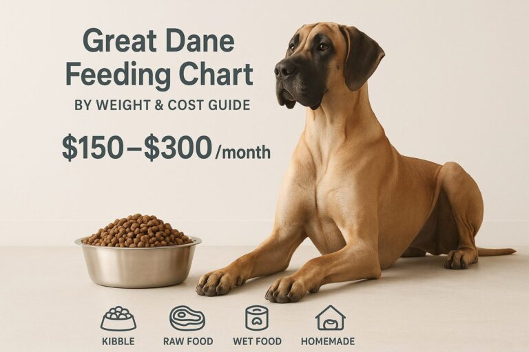 Adult Great Dane with food bowl and monthly feeding cost infographic ($150–$300). How much does it cost to feed a great dane