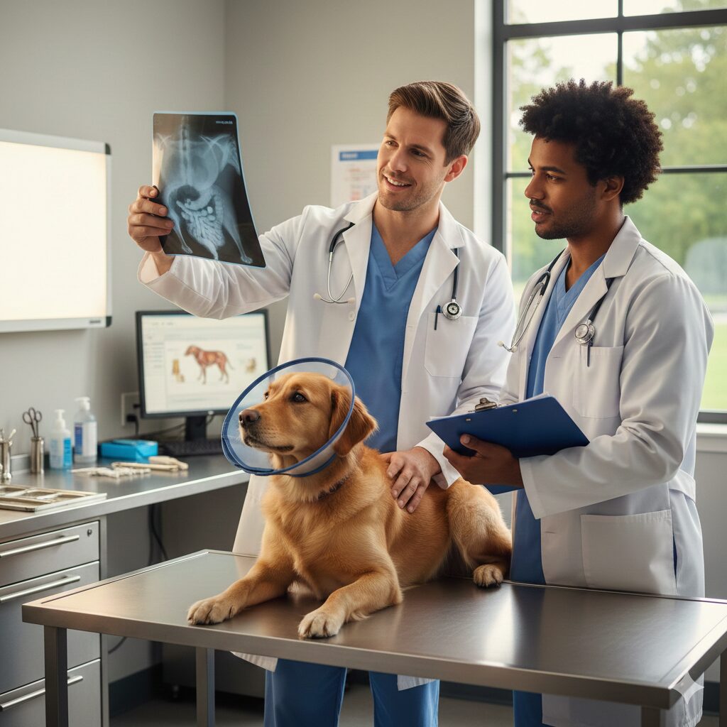 Vet checking a dog for medical causes like Pica.