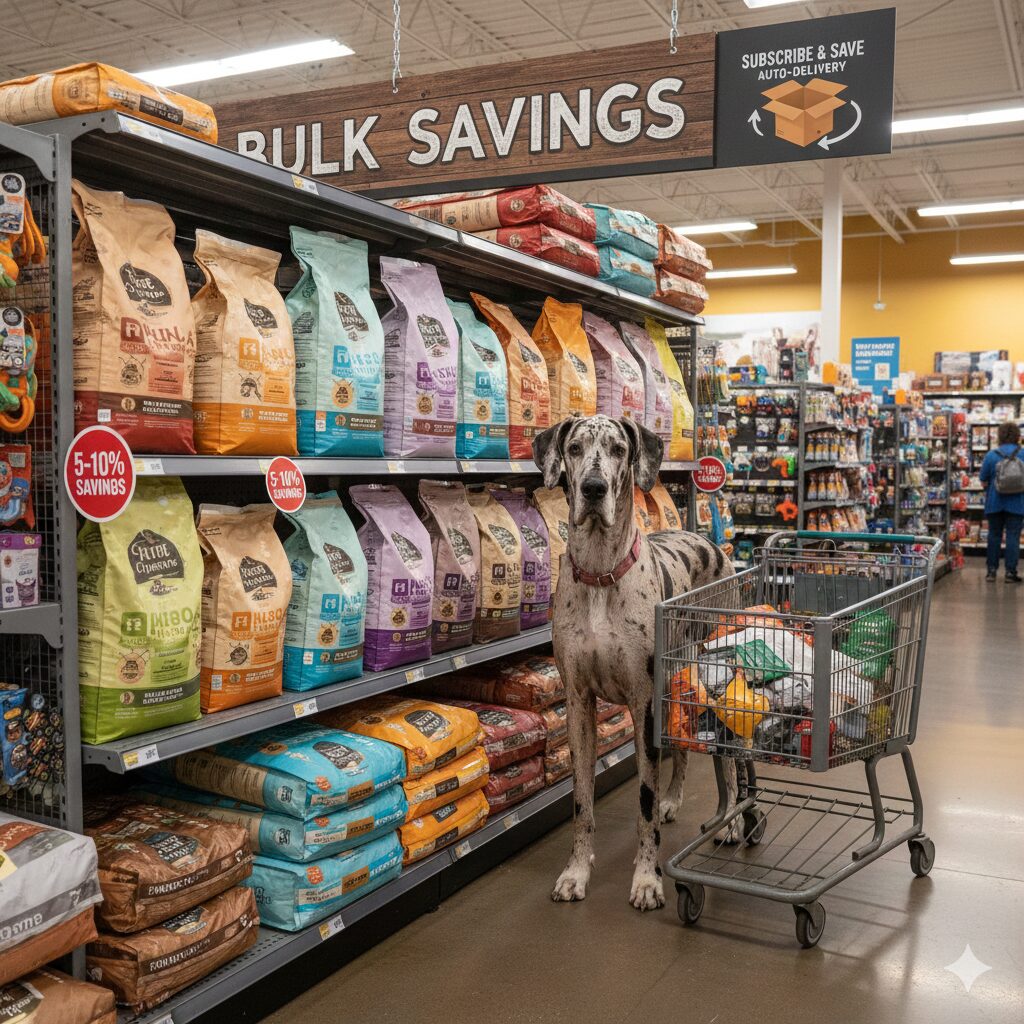 How to save money feeding a Great Dane – bulk food and auto-ship savings 5–10% infographic.