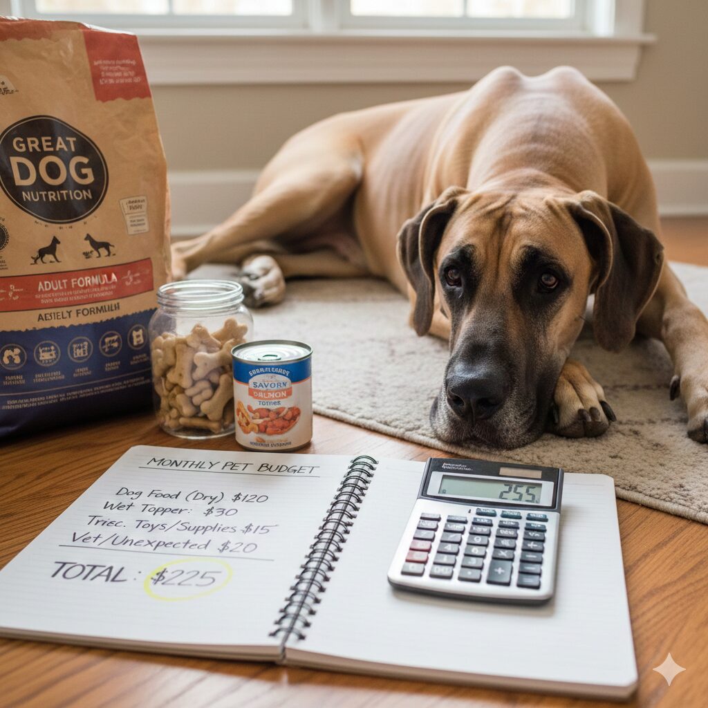 Example monthly food budget for Great Danes showing $225 total breakdown.