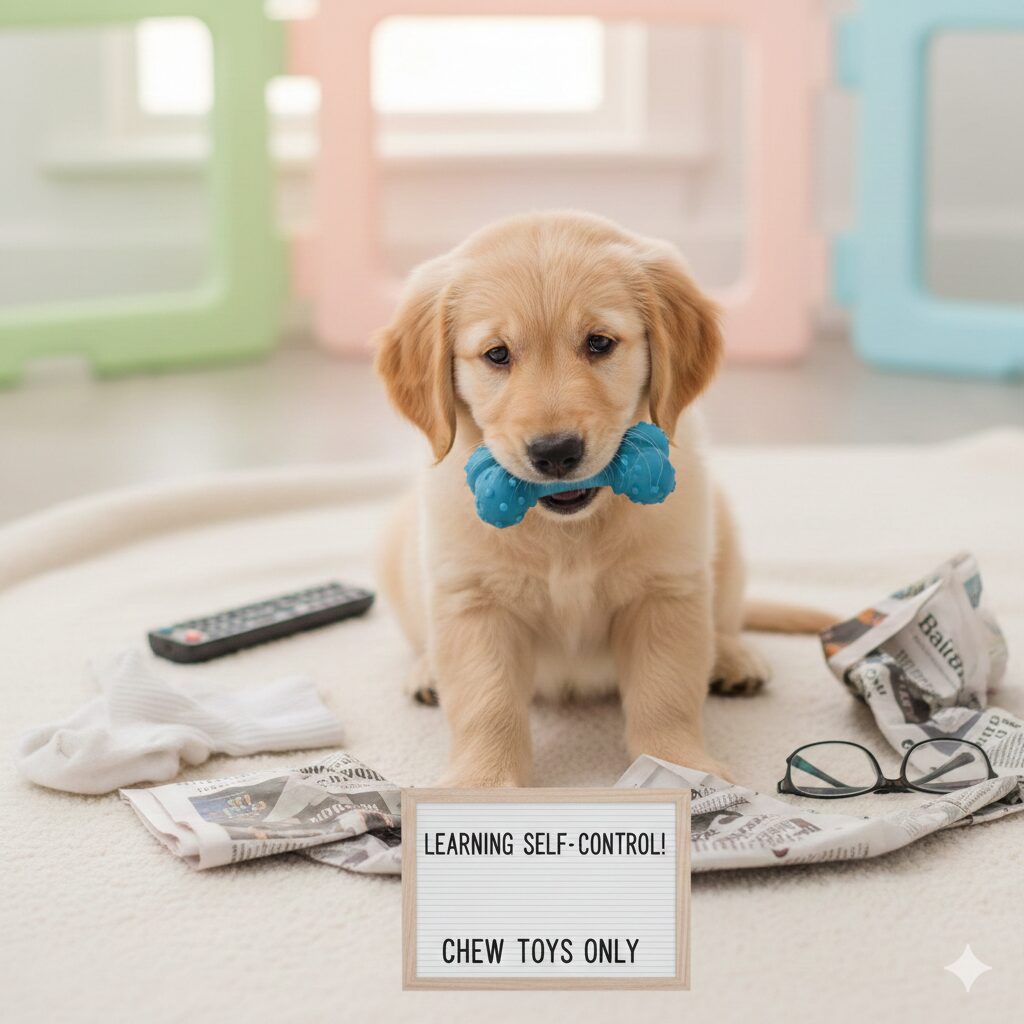 Puppy chewing due to teething and curiosity.