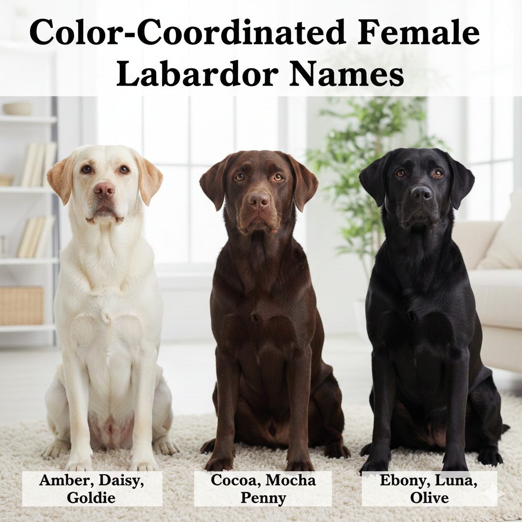 Yellow chocolate and black female Labrador Retrievers representing color based name ideas 
