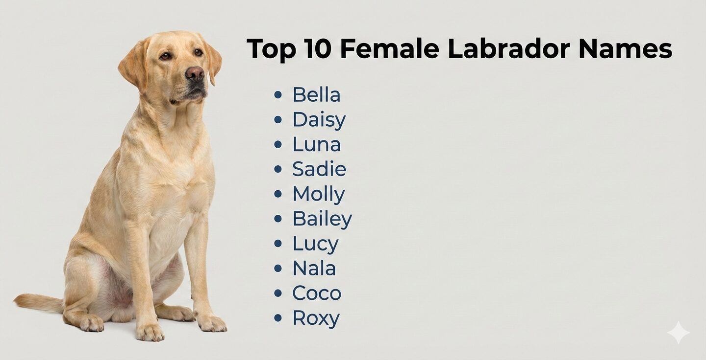 Top ten female dog names for Labrador Retrievers displayed in a clear list