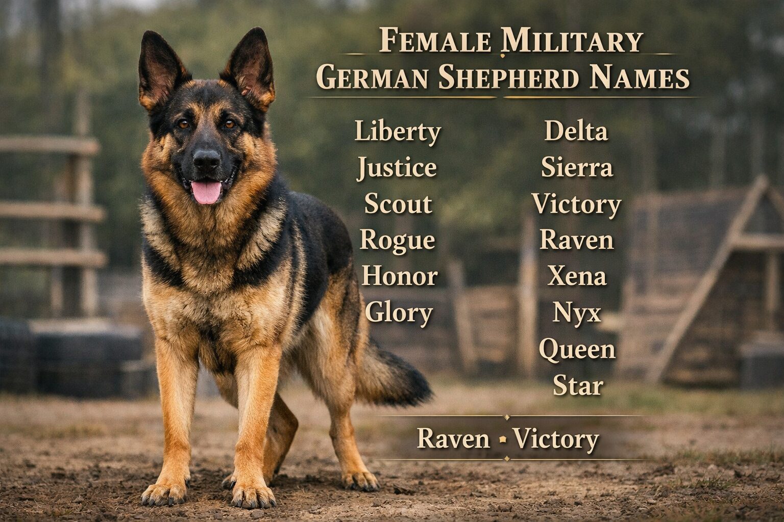 Female German Shepherd with image text listing unique military German Shepherd names for female dogs