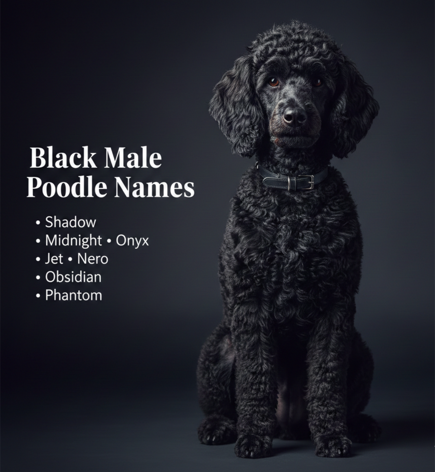   Black male poodle name ideas including Shadow, Midnight, and Onyx