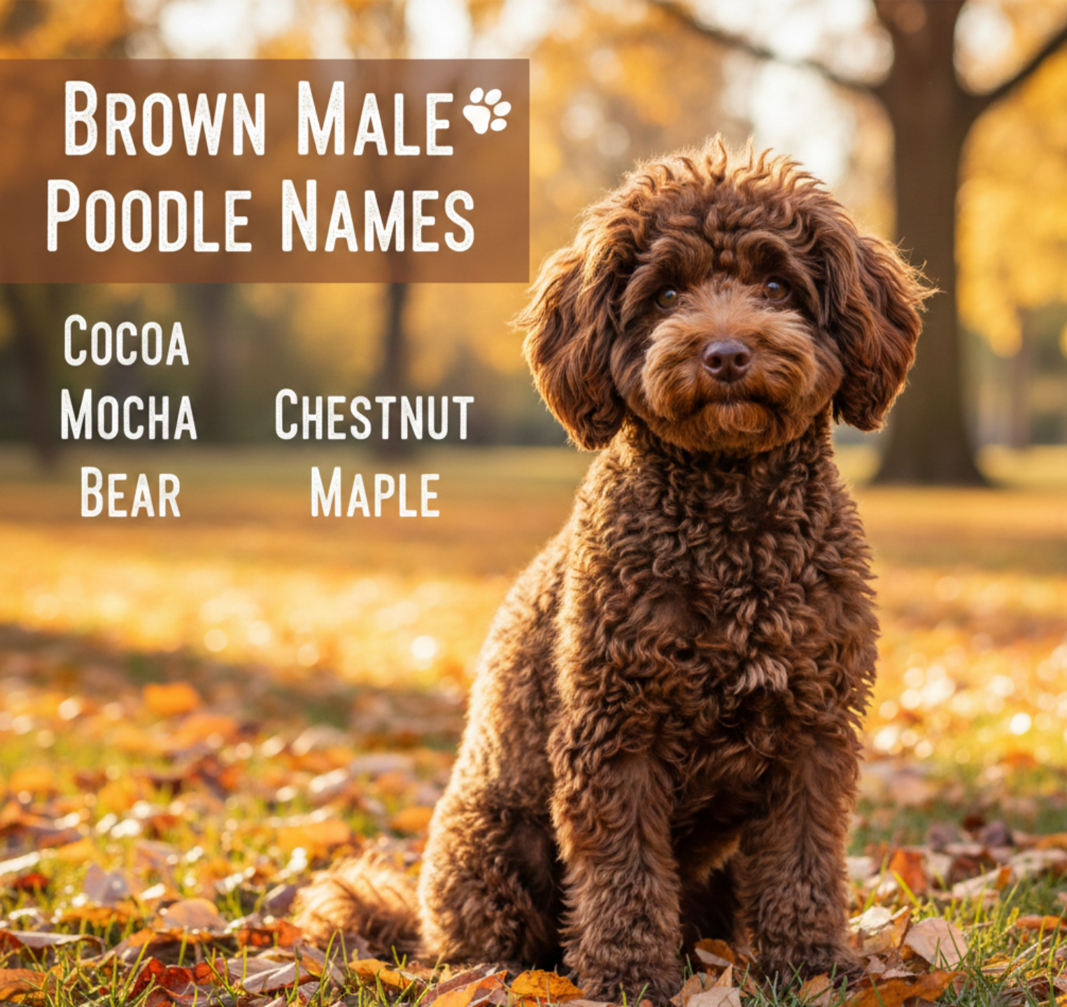 Brown male poodle name ideas including Cocoa, Mocha, and Chestnut
