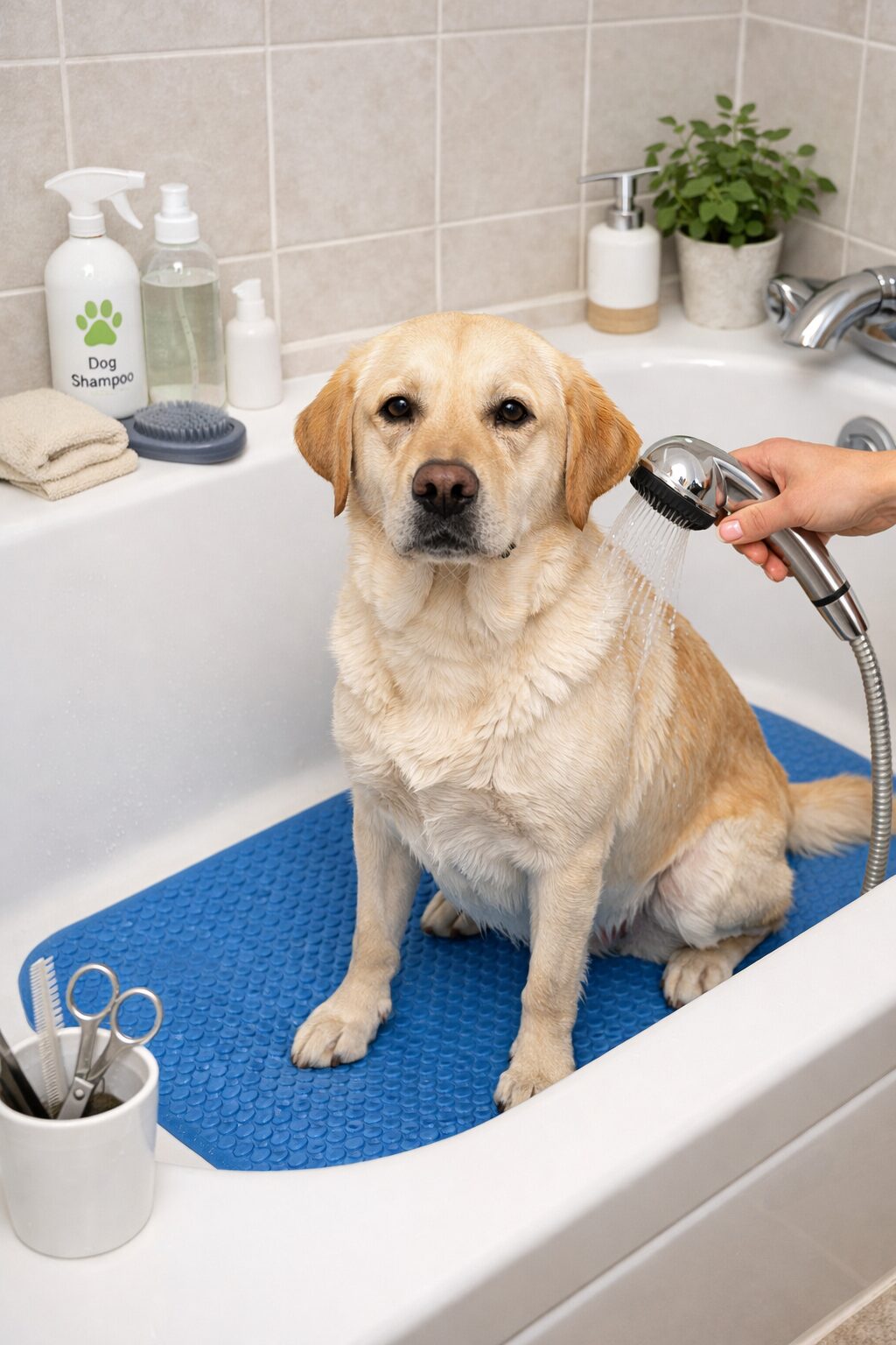 DIY dog grooming tub setup using bathtub with non-slip mat