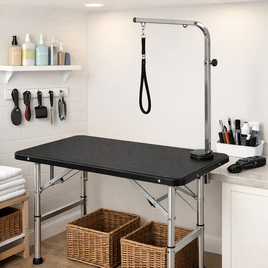 DIY dog grooming station setup with table, lighting, and safety arm