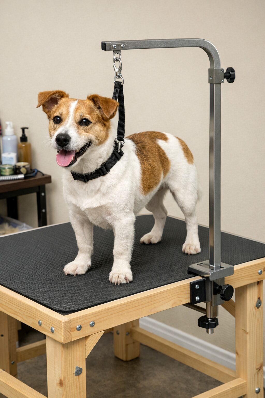 Safe DIY dog grooming table with non-slip mat and grooming arm