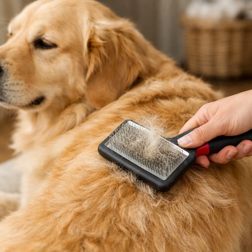 Brushing dog coat before bathing to remove tangles