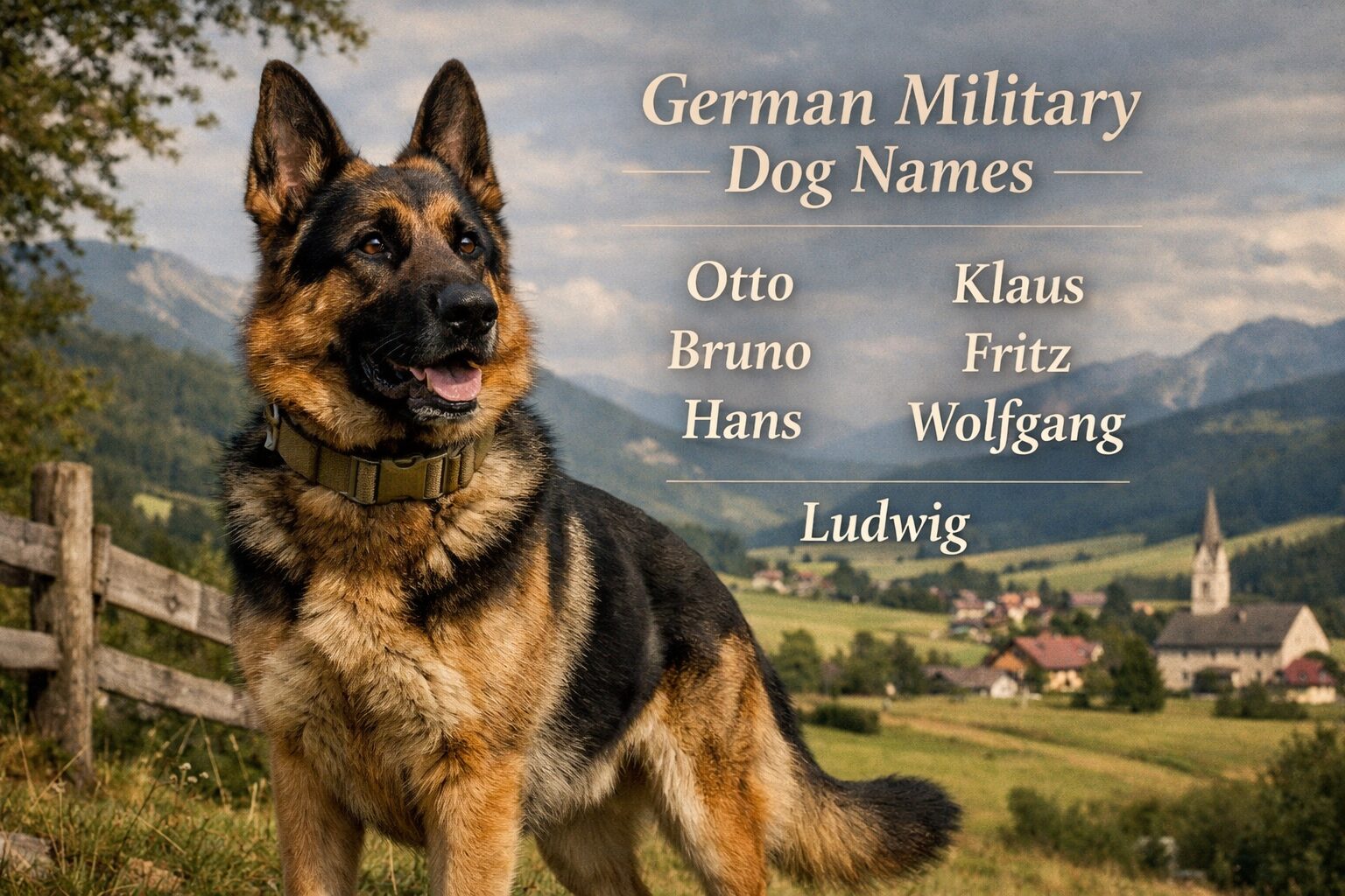 German Shepherd with image text showing traditional German military dog names