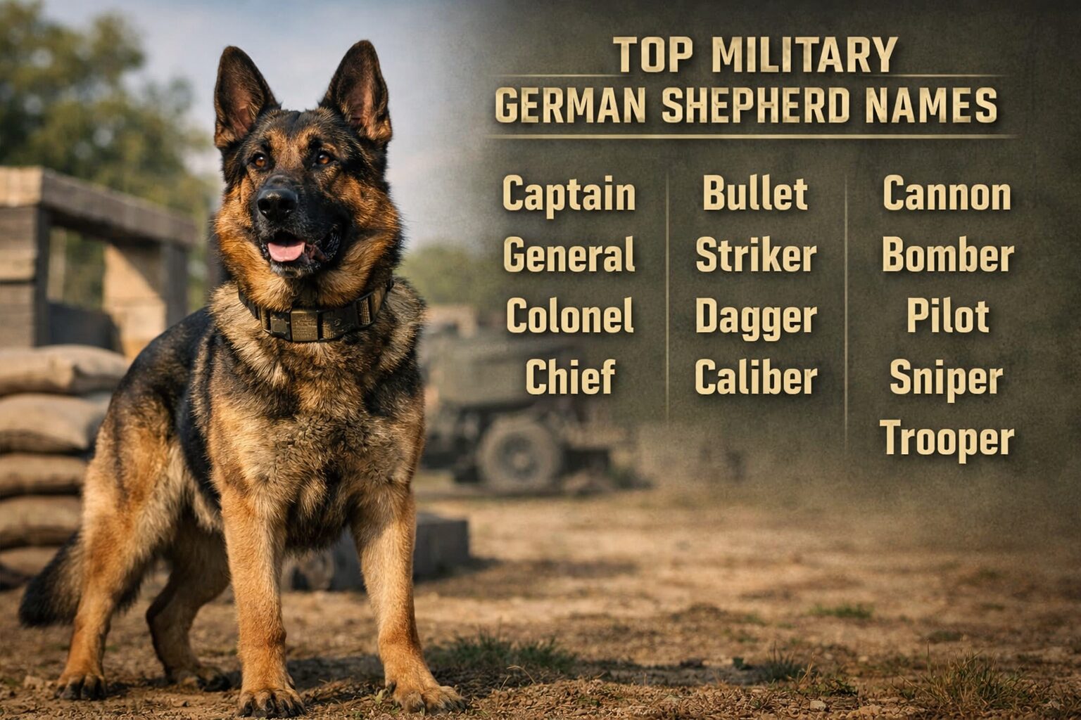 Male German Shepherd with image text listing strong military German Shepherd names for male dogs