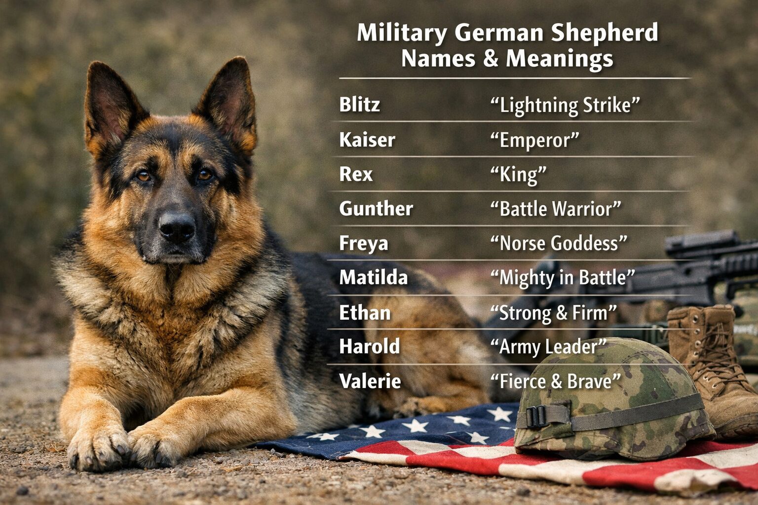 German Shepherd with text overlay showing military dog names with meanings