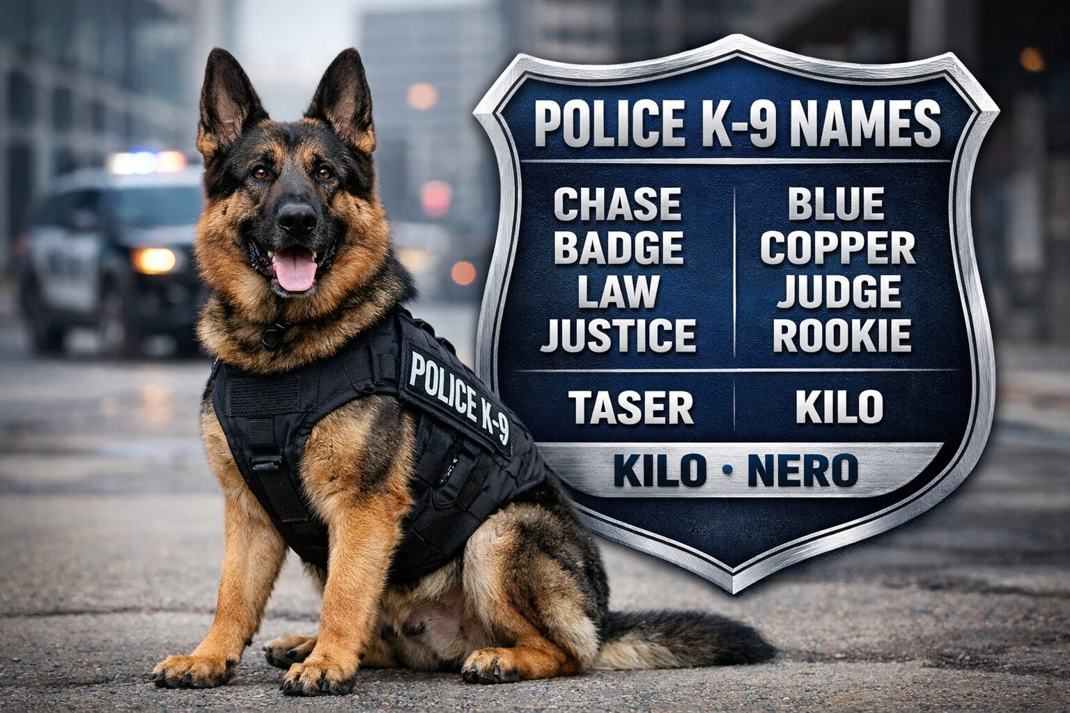 Police K9 German Shepherd with image text listing popular police and military dog names