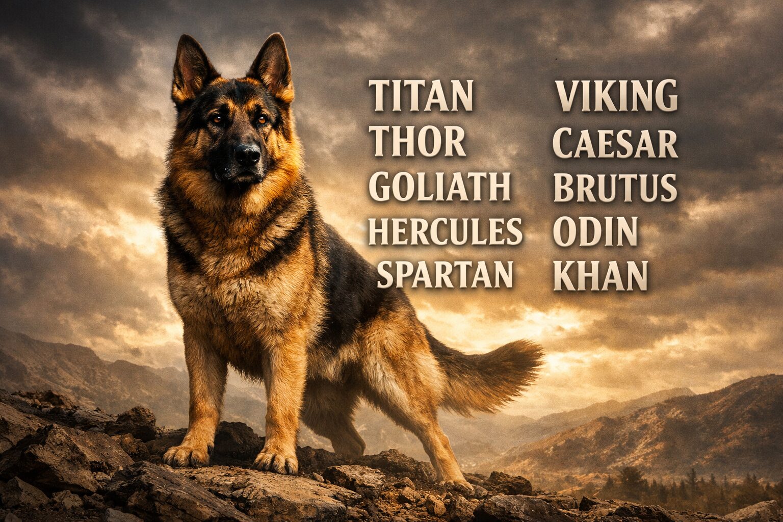 Powerful German Shepherd with image text showing warrior-inspired dog names like Titan and Thor