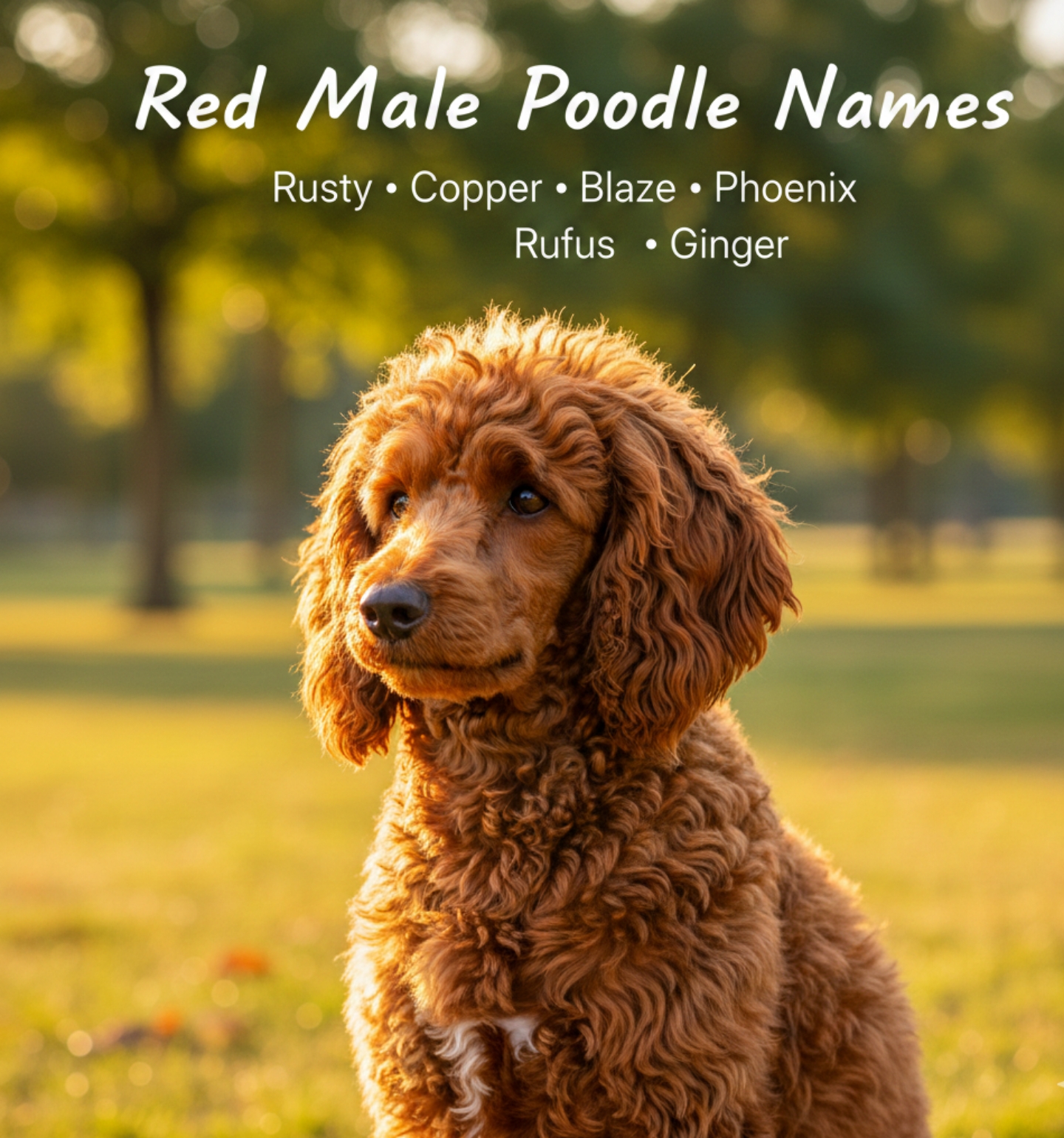   Red male poodle names such as Rusty, Copper, and Blaze