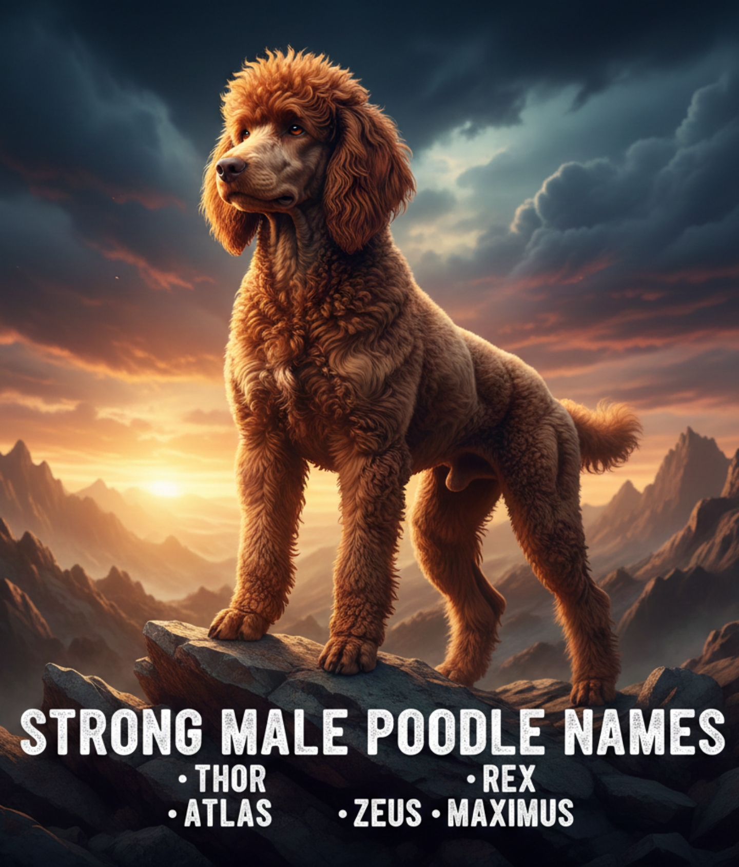   Strong male poodle names like Thor, Titan, and Atlas with a confident Standard Poodle