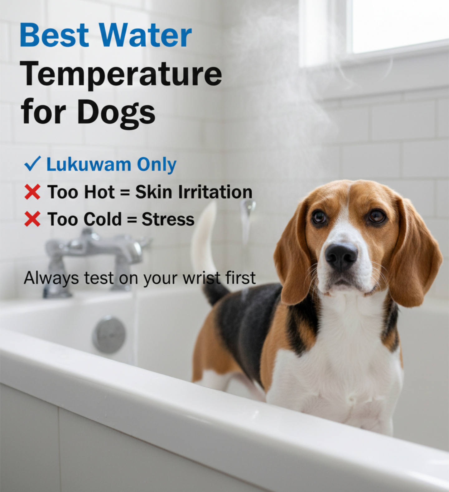   Beagle standing in bathtub under lukewarm water during safe dog bathing.