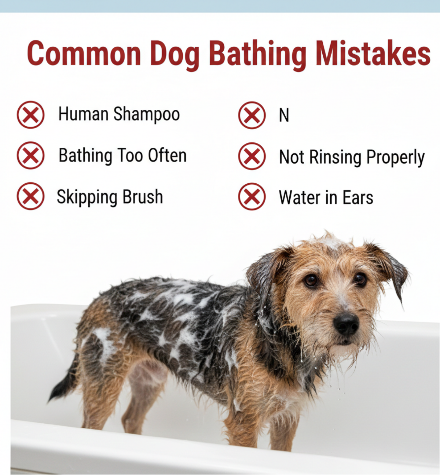   Dog in bathtub with infographic showing common dog bathing mistakes to avoid.